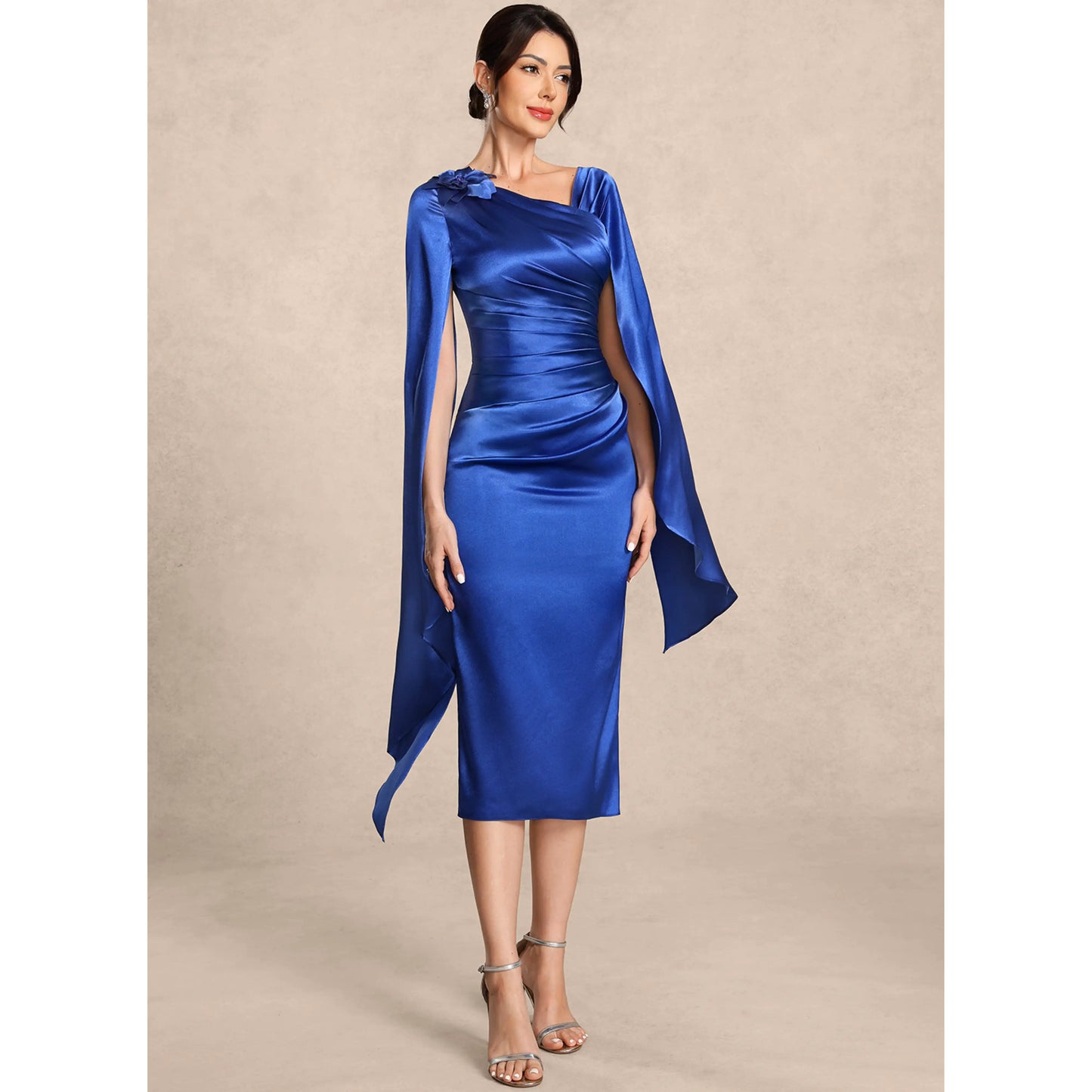 Elegant One-Shoulder Long Sleeve Ruched Royal Blue Midi Mother of the Bride Dress