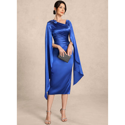 Elegant One-Shoulder Long Sleeve Ruched Royal Blue Midi Mother of the Bride Dress