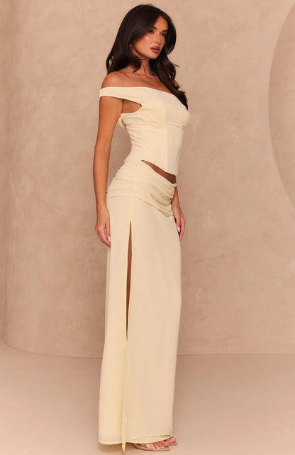 Elegant One-Shoulder Off-Shoulder High Slit Ruched Pale Yellow Floor-Length Prom Dress