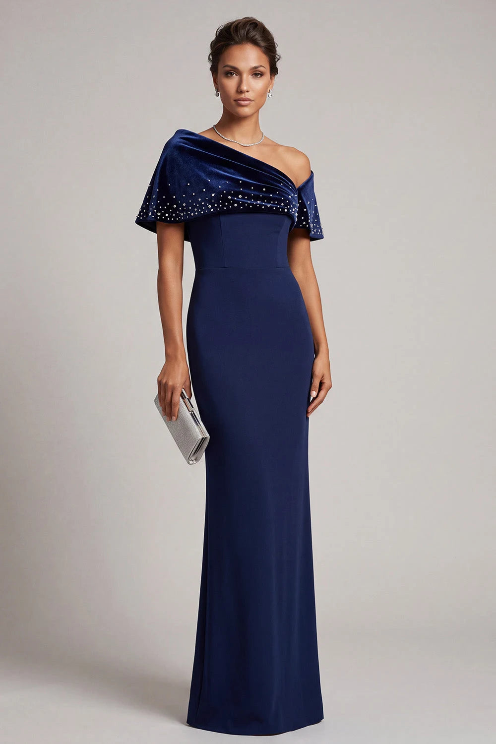 Elegant One-Shoulder Short Sleeve Beaded Velvet Navy Blue Floor-Length Prom Gown