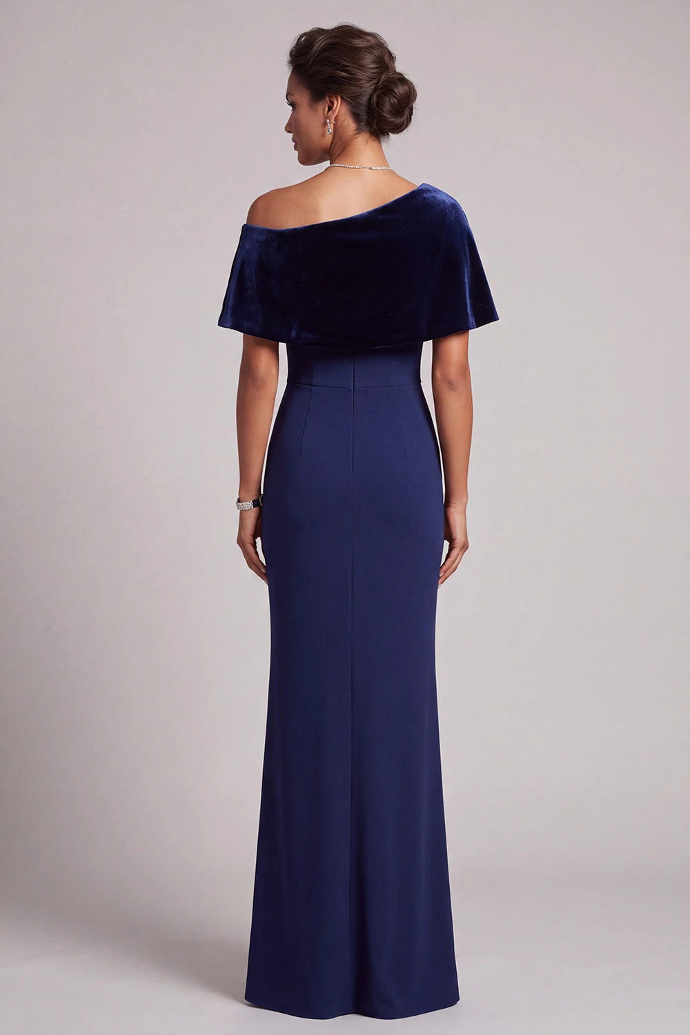 Elegant One-Shoulder Short Sleeve Beaded Velvet Navy Blue Floor-Length Prom Gown
