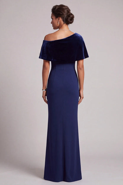 Elegant One-Shoulder Short Sleeve Beaded Velvet Navy Blue Floor-Length Prom Gown