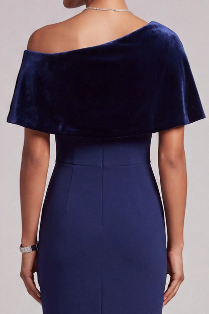 Elegant One-Shoulder Short Sleeve Beaded Velvet Navy Blue Floor-Length Prom Gown
