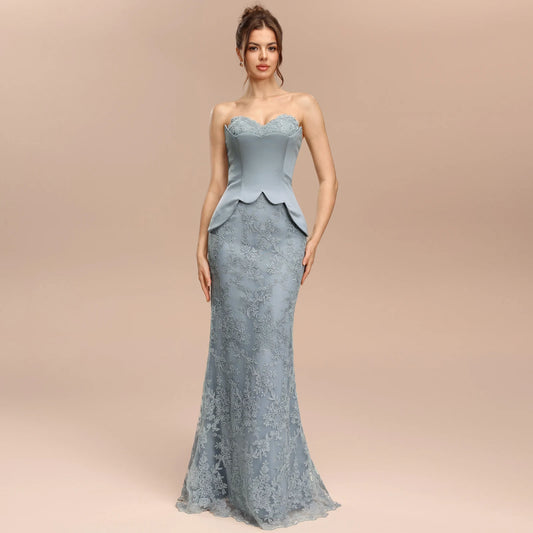 Elegant Peplum Mermaid Strapless Lace Dusty Blue Floor-Length Prom Dress Gown