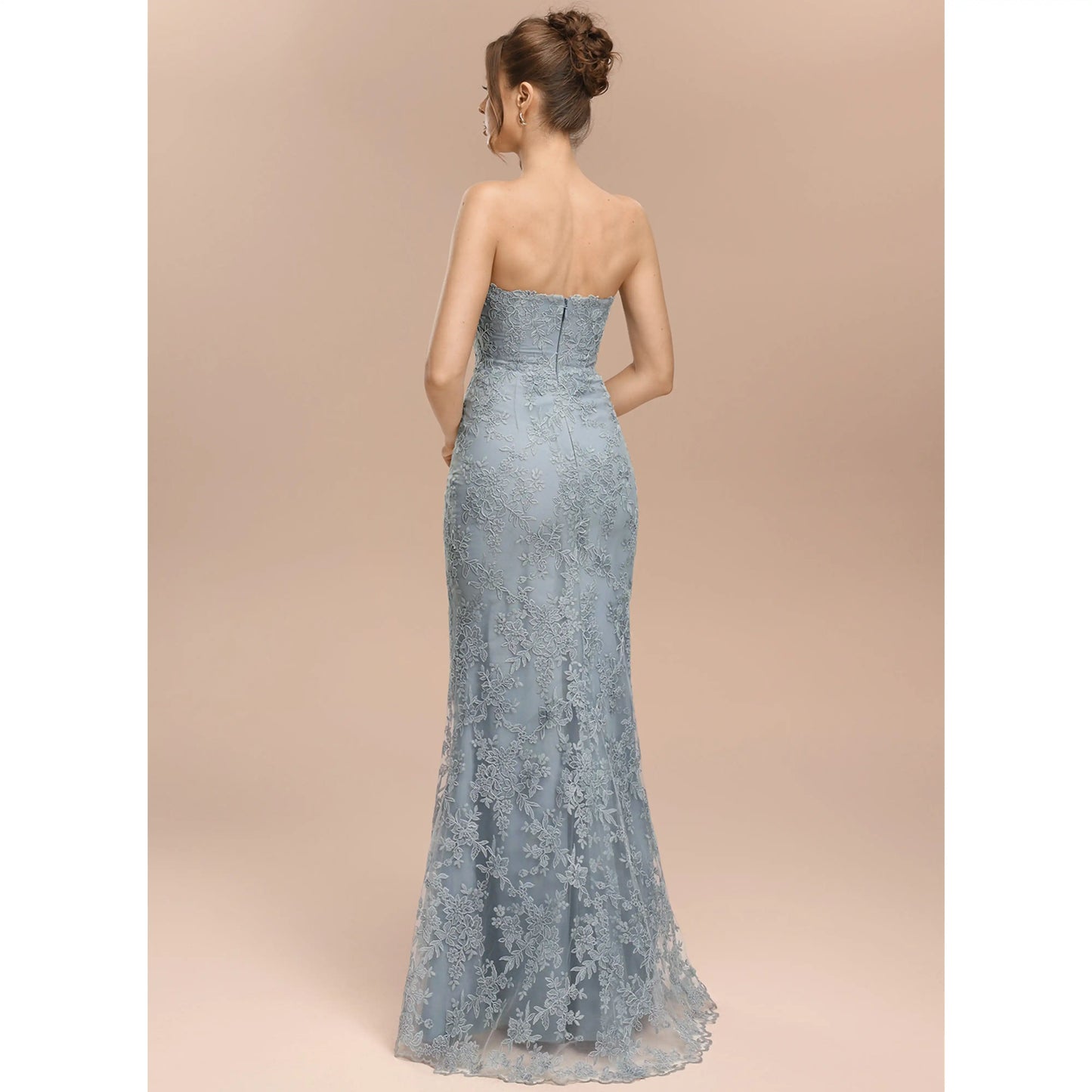 Elegant Peplum Mermaid Strapless Lace Dusty Blue Floor-Length Prom Dress Gown
