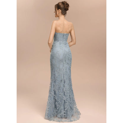 Elegant Peplum Mermaid Strapless Lace Dusty Blue Floor-Length Prom Dress Gown