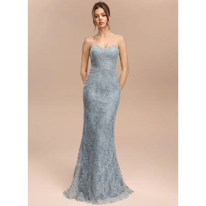 Elegant Peplum Mermaid Strapless Lace Dusty Blue Floor-Length Prom Dress Gown