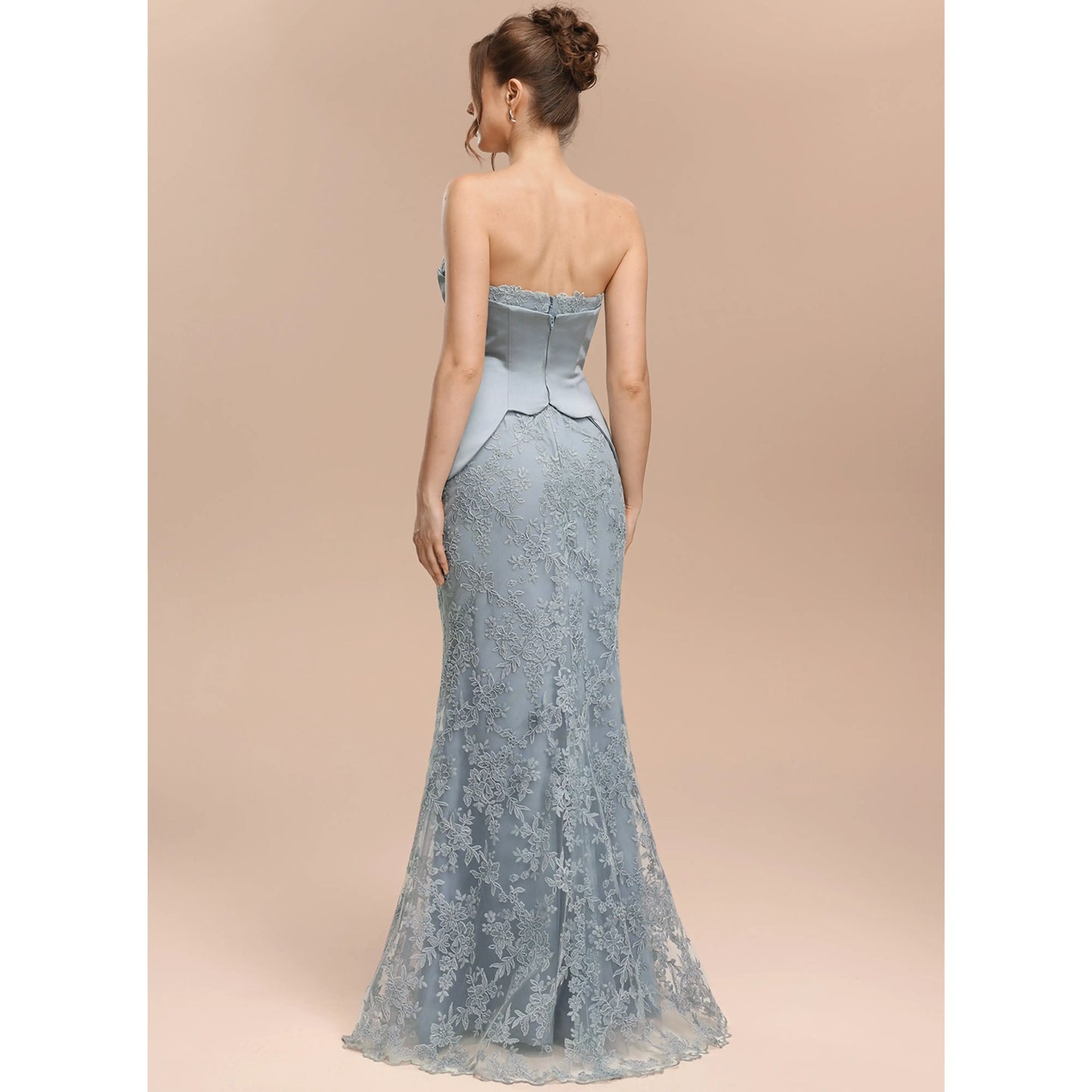 Elegant Peplum Mermaid Strapless Lace Dusty Blue Floor-Length Prom Dress Gown