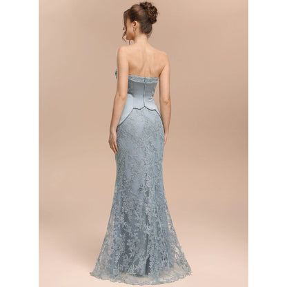 Elegant Peplum Mermaid Strapless Lace Dusty Blue Floor-Length Prom Dress Gown