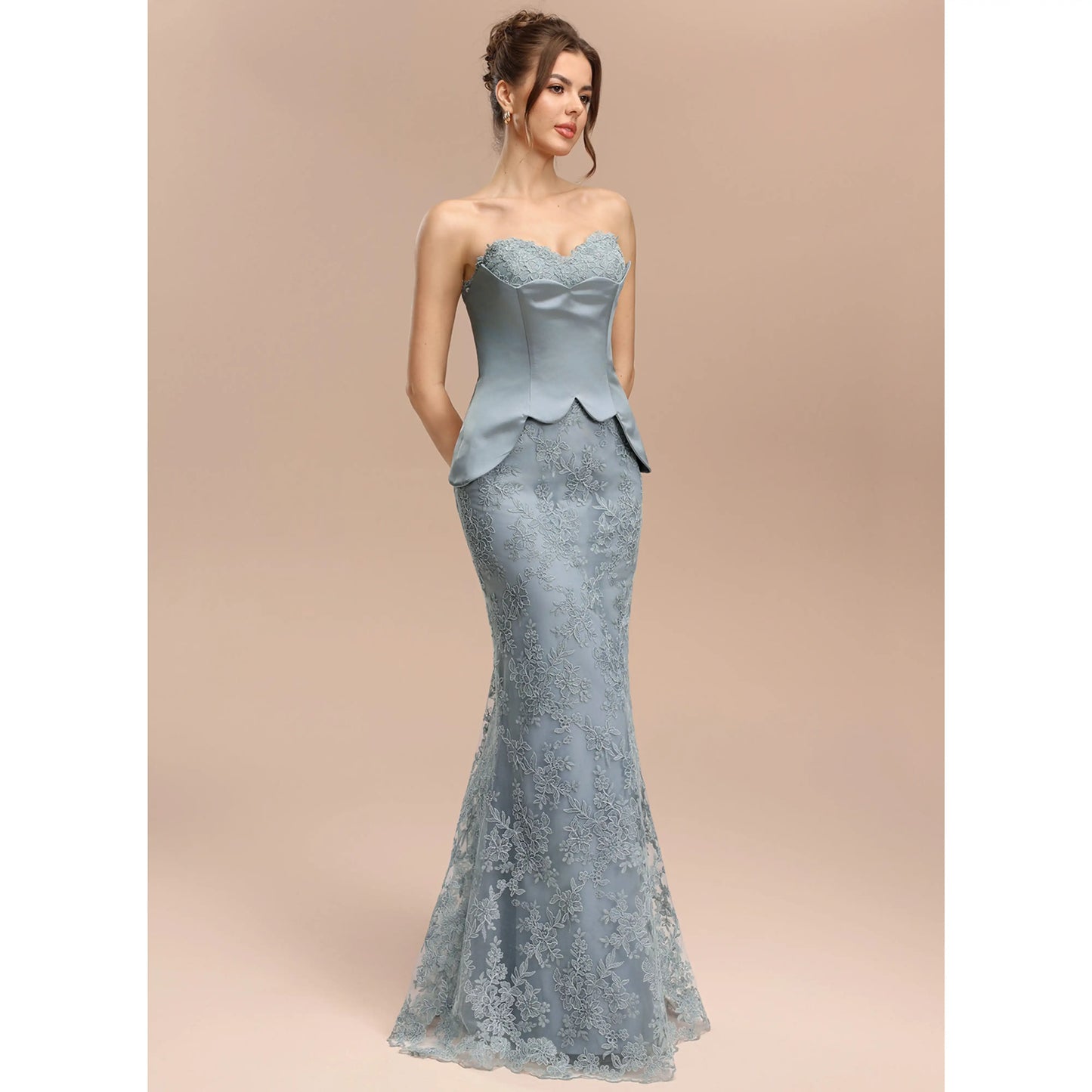 Elegant Peplum Mermaid Strapless Lace Dusty Blue Floor-Length Prom Dress Gown