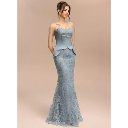 Elegant Peplum Mermaid Strapless Lace Dusty Blue Floor-Length Prom Dress Gown