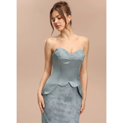 Elegant Peplum Mermaid Strapless Lace Dusty Blue Floor-Length Prom Dress Gown