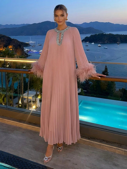 Elegant Pleated Keyhole Long-Sleeve Feather Beaded Pink Maxi Prom Dress Women