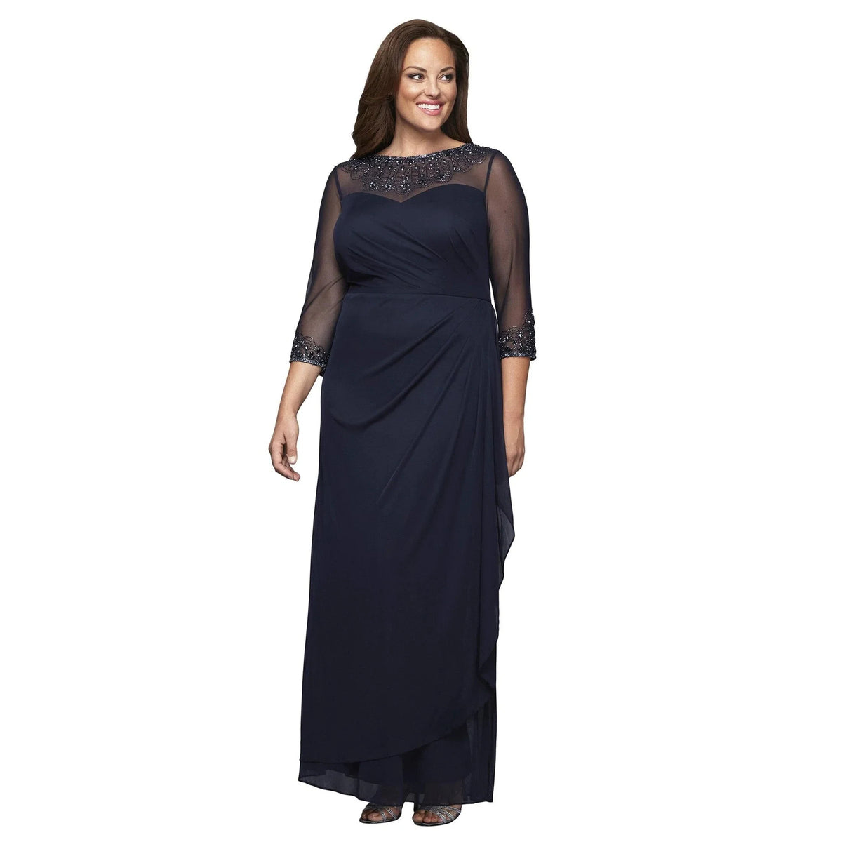 Elegant Plus Size Beaded Illusion Three-Quarter Sleeve Navy Mother of the Bride Gown