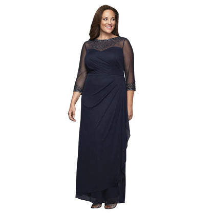 Elegant Plus Size Beaded Illusion Three-Quarter Sleeve Navy Mother of the Bride Gown