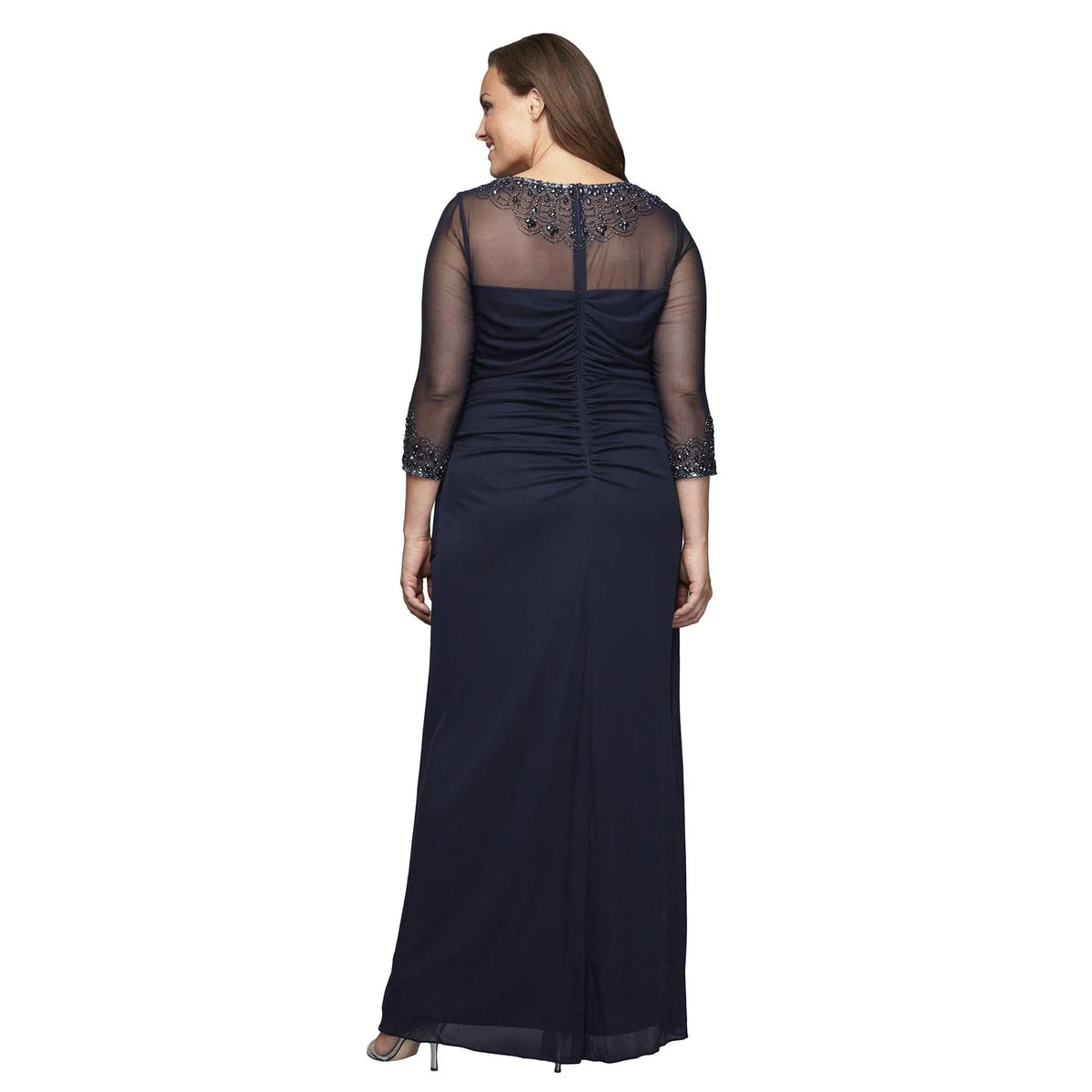 Elegant Plus Size Beaded Illusion Three-Quarter Sleeve Navy Mother of the Bride Gown