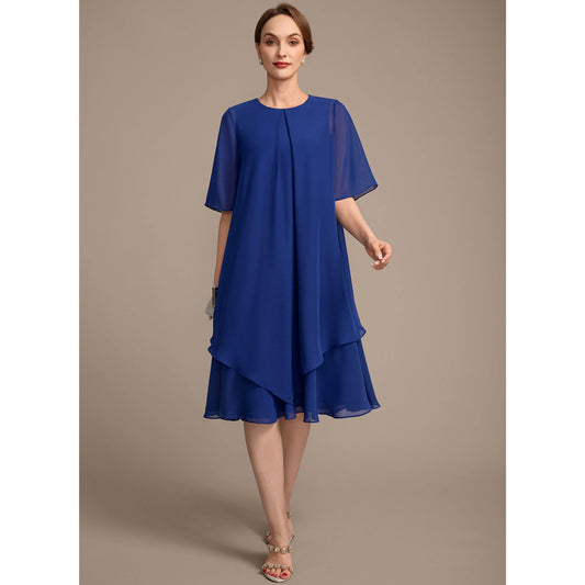 Elegant Round Neck Short Sleeve Layered Royal Blue Midi Mother of the Bride Dress