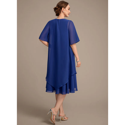 Elegant Round Neck Short Sleeve Layered Royal Blue Midi Mother of the Bride Dress
