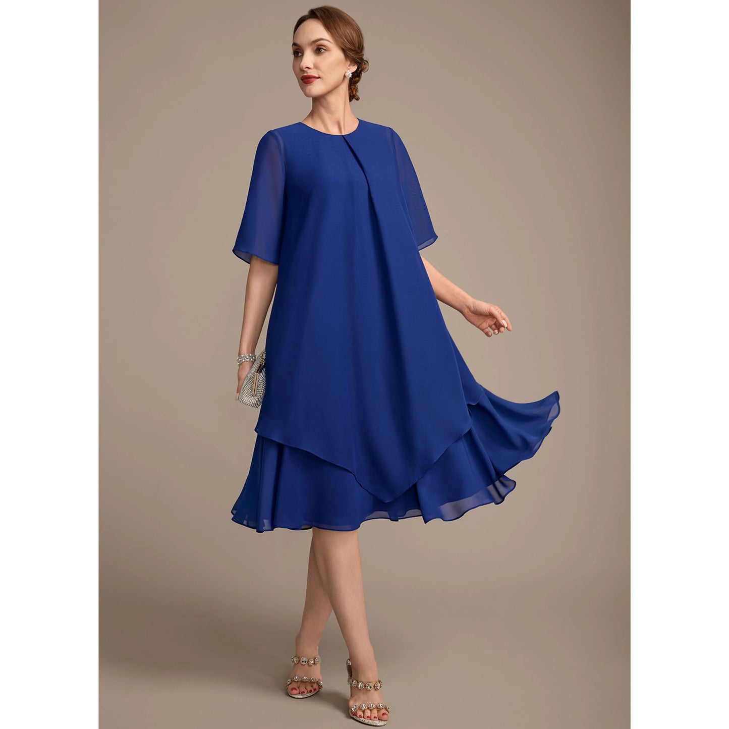 Elegant Round Neck Short Sleeve Layered Royal Blue Midi Mother of the Bride Dress