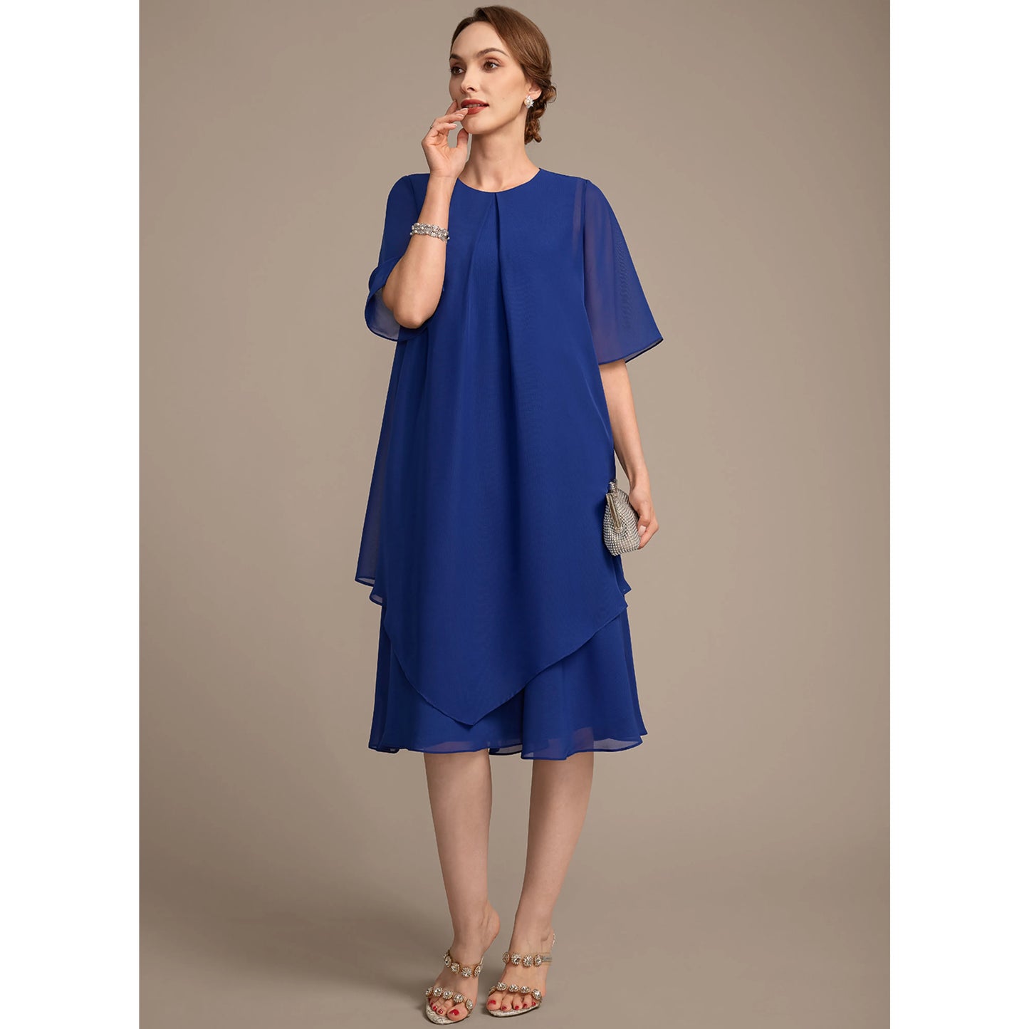 Elegant Round Neck Short Sleeve Layered Royal Blue Midi Mother of the Bride Dress