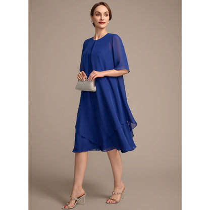 Elegant Round Neck Short Sleeve Layered Royal Blue Midi Mother of the Bride Dress