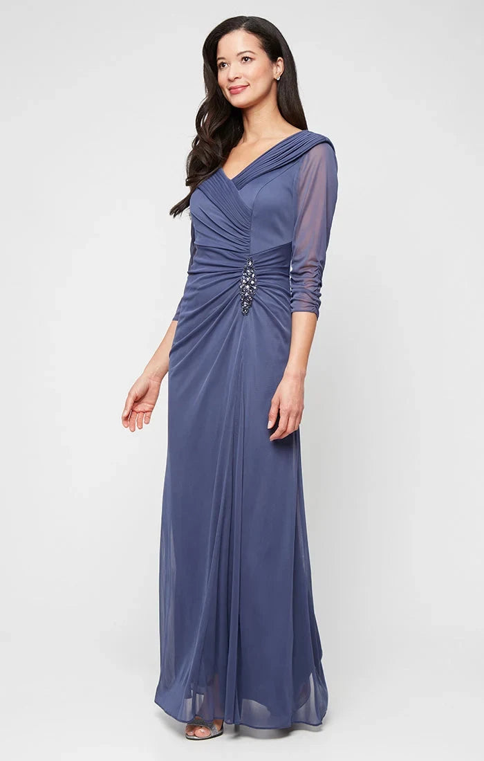 Elegant Ruched Draped V-Neck 3/4 Sleeve Dusty Blue Mother of the Bride Gown