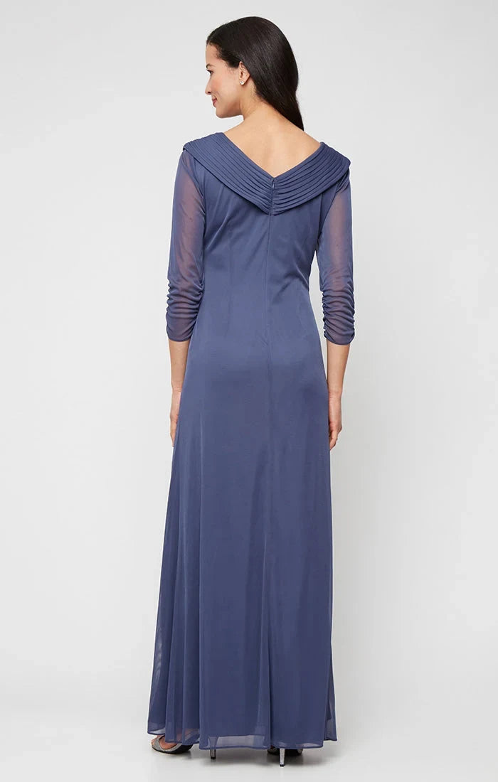 Elegant Ruched Draped V-Neck 3/4 Sleeve Dusty Blue Mother of the Bride Gown