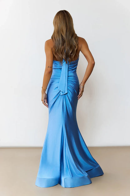 Elegant Ruched Halter Sleeveless Mermaid Slit Sky Blue Floor Prom Gown