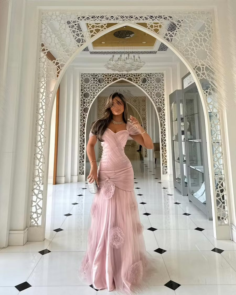 Elegant Ruched Sweetheart Off-Shoulder Romantic Floral Blush Pink Floor-Length Prom Dress for Women