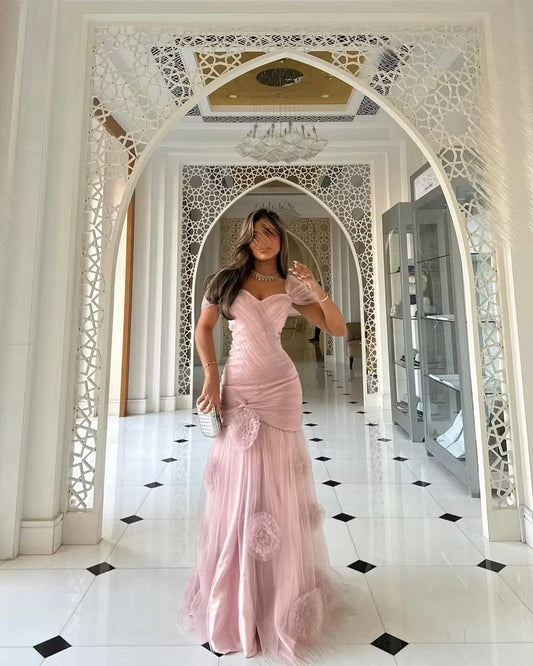Elegant Ruched Sweetheart Off-Shoulder Romantic Floral Blush Pink Floor-Length Prom Dress for Women