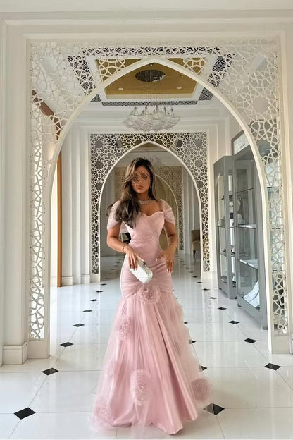 Elegant Ruched Sweetheart Off-Shoulder Romantic Floral Blush Pink Floor-Length Prom Dress for Women