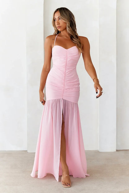Elegant Ruched Sweetheart Strappy High Slit Pink Floor-Length Prom Dresses Gown