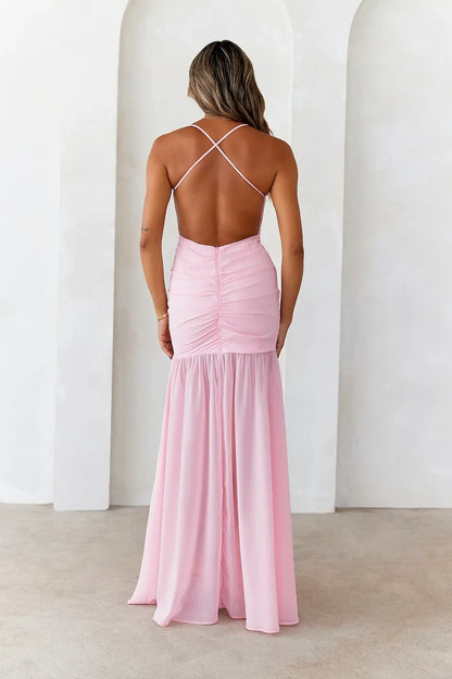Elegant Ruched Sweetheart Strappy High Slit Pink Floor-Length Prom Dresses Gown