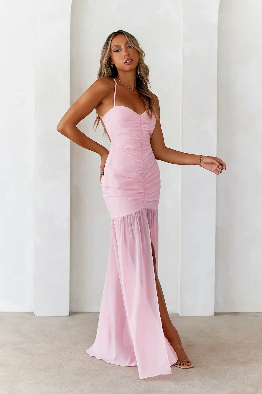 Elegant Ruched Sweetheart Strappy High Slit Pink Floor-Length Prom Dresses Gown