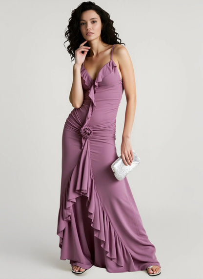 Elegant Ruched V-Neck Sleeveless Open-Back Ruffled Mauve Floor-Length Prom Gown