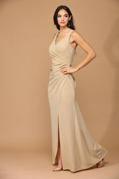 Elegant Ruched V-Neck Slit Champagne Floor-Length Mother of the Bride Gown