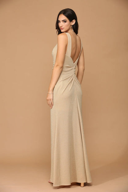 Elegant Ruched V-Neck Slit Champagne Floor-Length Mother of the Bride Gown