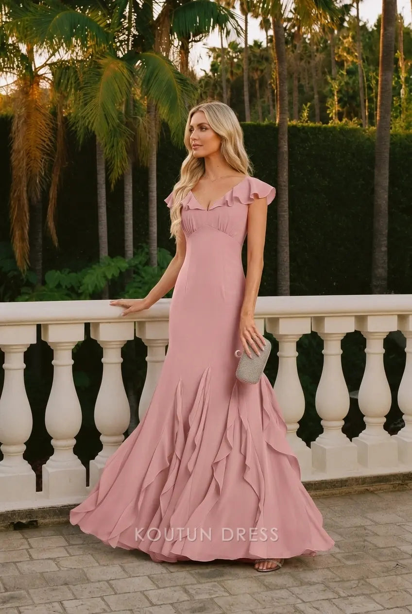 Elegant Ruffled V-Neck Cap Sleeve Mermaid Dusty Rose Floor-Length Prom Gown