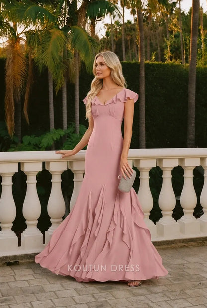 Elegant Ruffled V-Neck Cap Sleeve Mermaid Dusty Rose Floor-Length Prom Gown