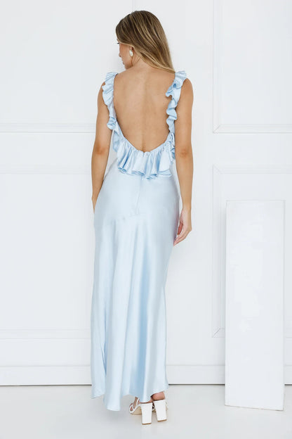 Elegant Ruffled V-Neck Sleeveless A-Line Light Blue Maxi Prom Dress