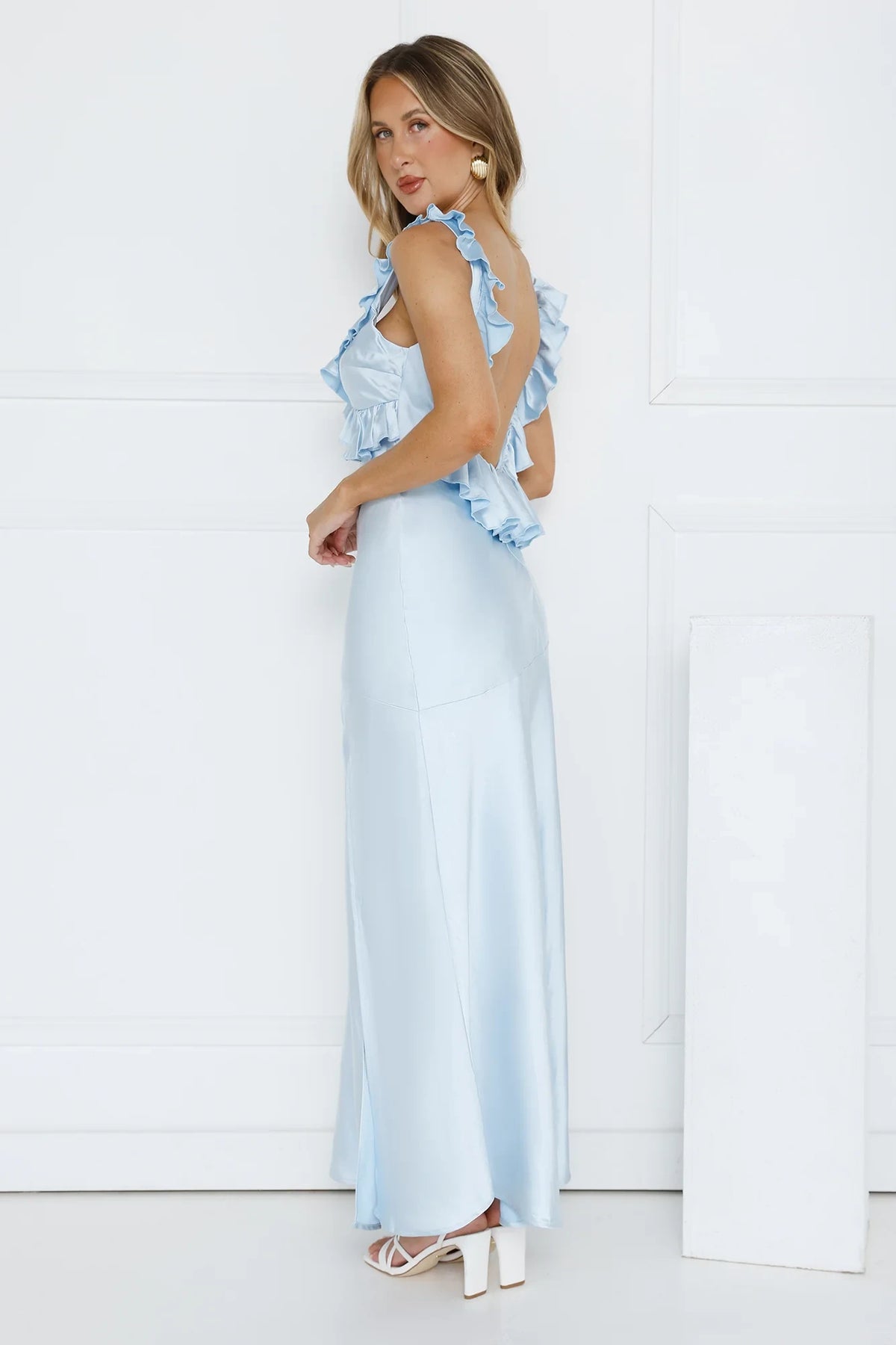 Elegant Ruffled V-Neck Sleeveless A-Line Light Blue Maxi Prom Dress