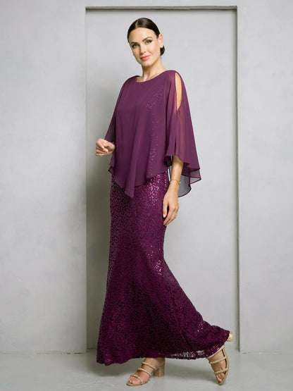 Elegant Sequin Sheath Scoop Neck Cape Sleeve Plum Floor-Length Mother Gown