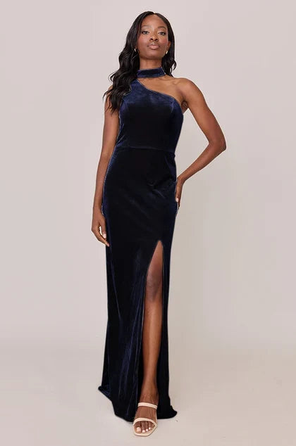 Elegant Sheath Asymmetric Halter Sleeveless Glamorous Slit Navy Floor-Length Bridesmaid Dress