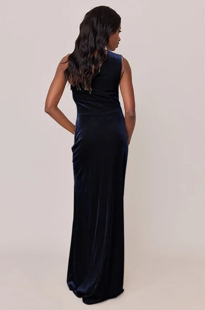 Elegant Sheath Asymmetric Halter Sleeveless Glamorous Slit Navy Floor-Length Bridesmaid Dress