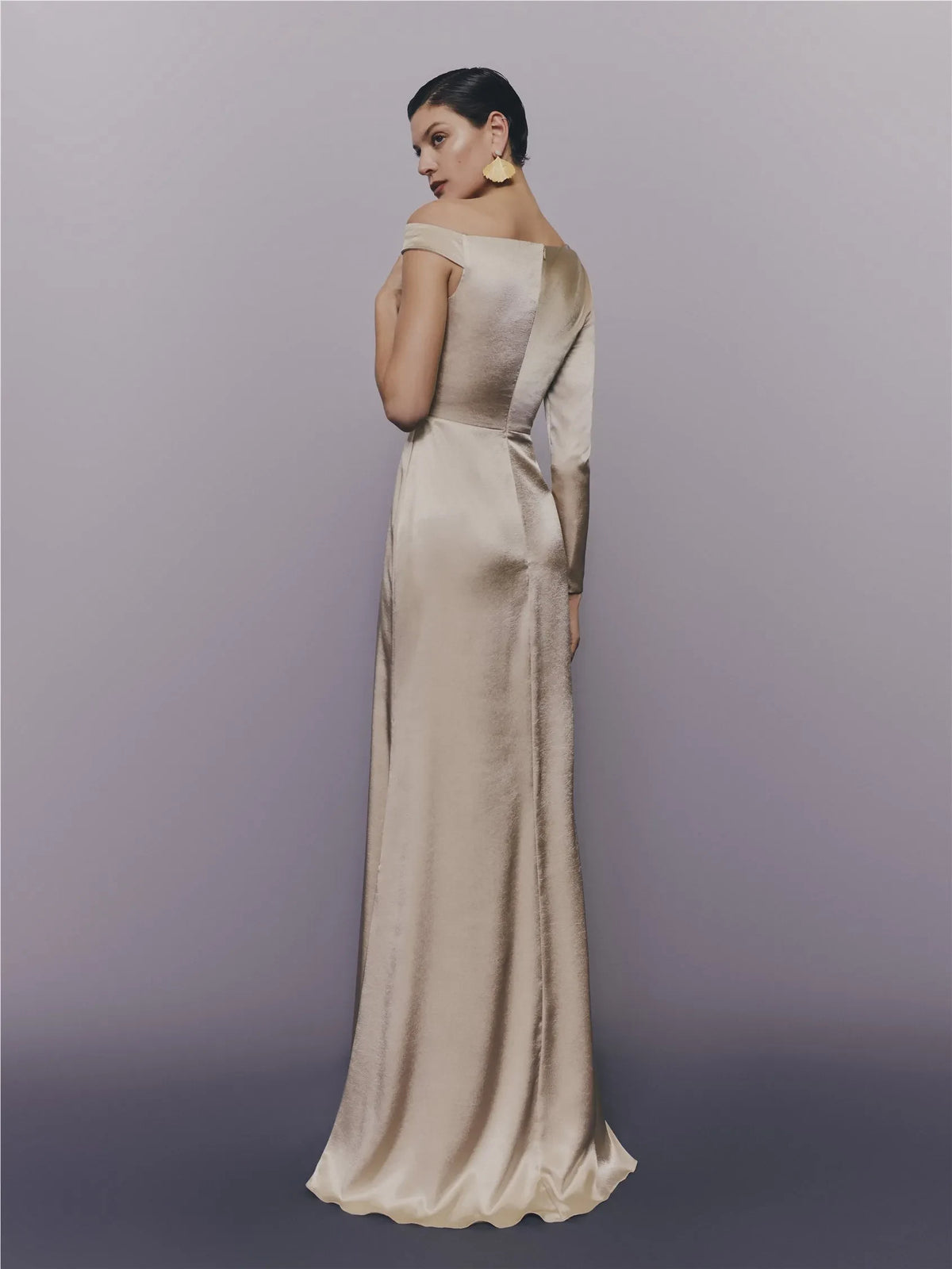 Elegant Sheath Asymmetrical One-Sleeve Draped Ruched Champagne Maxi Evening Dresses Women