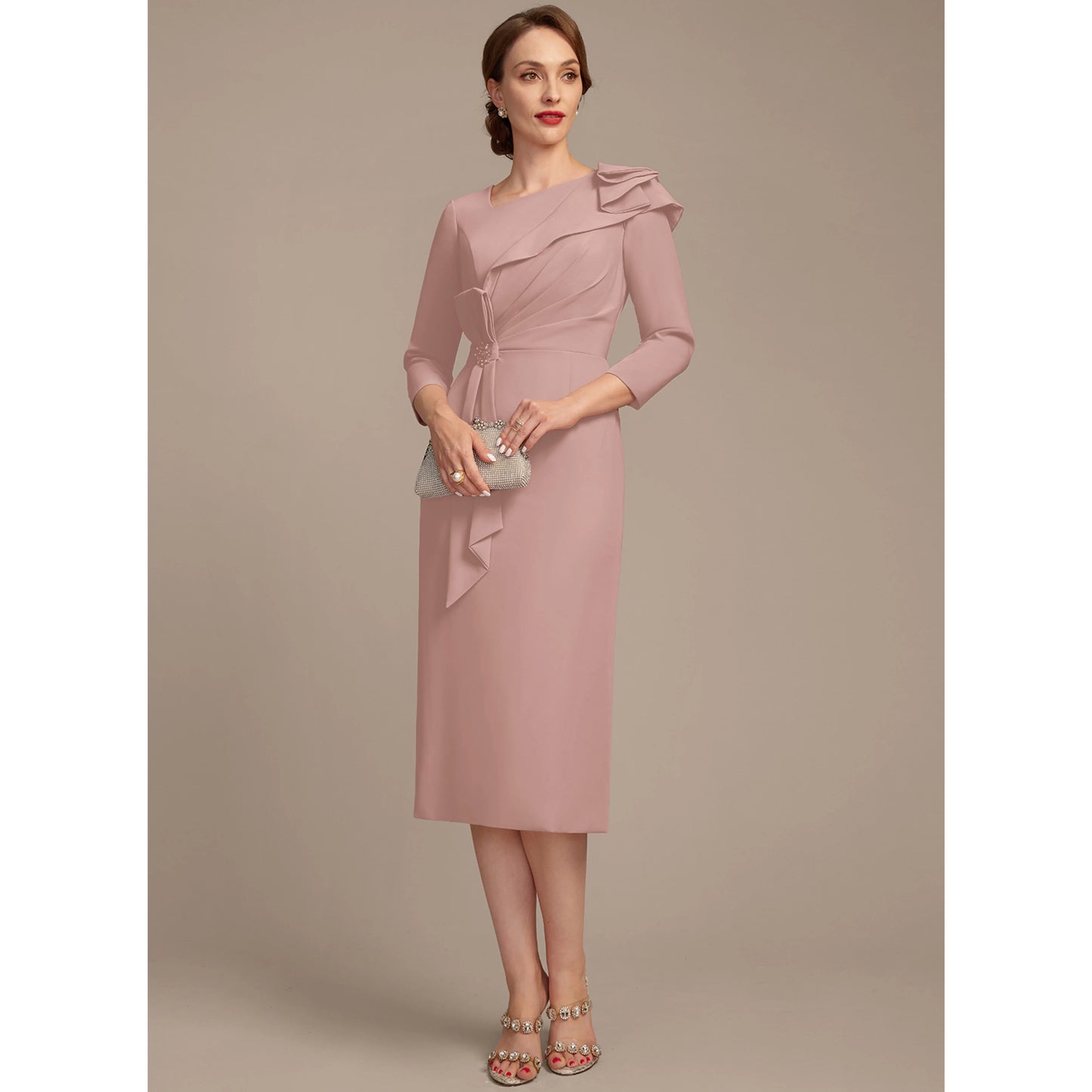 Elegant Sheath Asymmetrical Ruffled Dusty Rose Knee-Length Mother of the Bride Dress