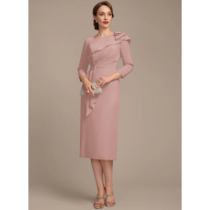 Elegant Sheath Asymmetrical Ruffled Dusty Rose Knee-Length Mother of the Bride Dress