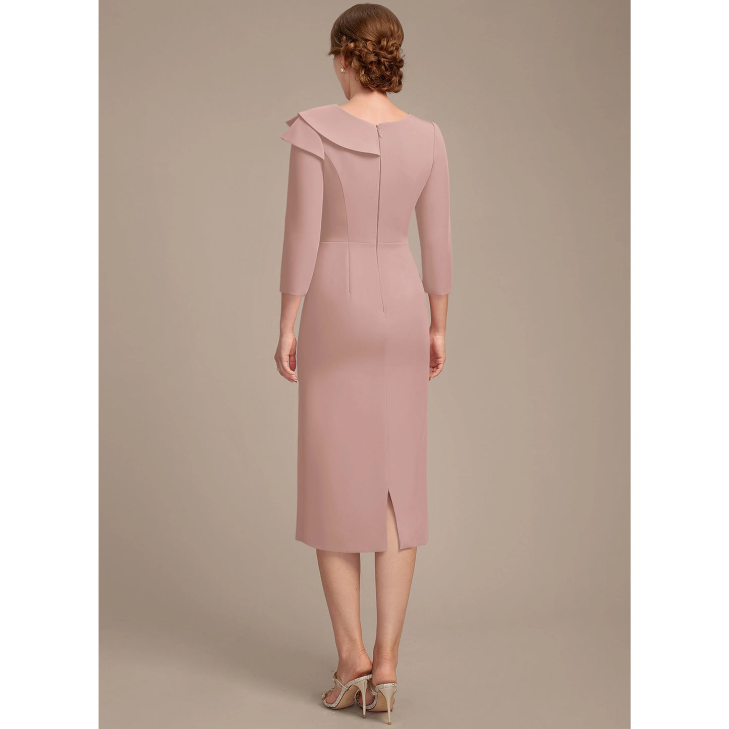 Elegant Sheath Asymmetrical Ruffled Dusty Rose Knee-Length Mother of the Bride Dress