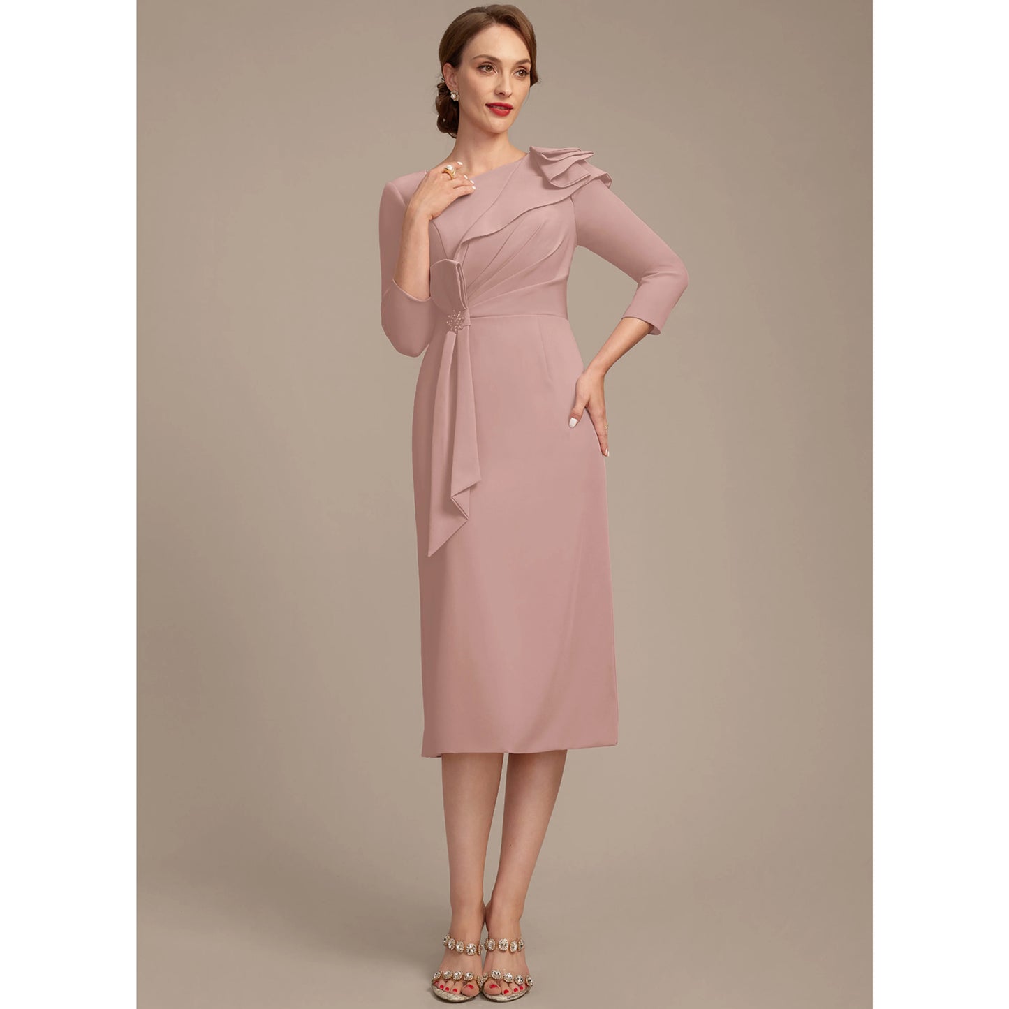 Elegant Sheath Asymmetrical Ruffled Dusty Rose Knee-Length Mother of the Bride Dress