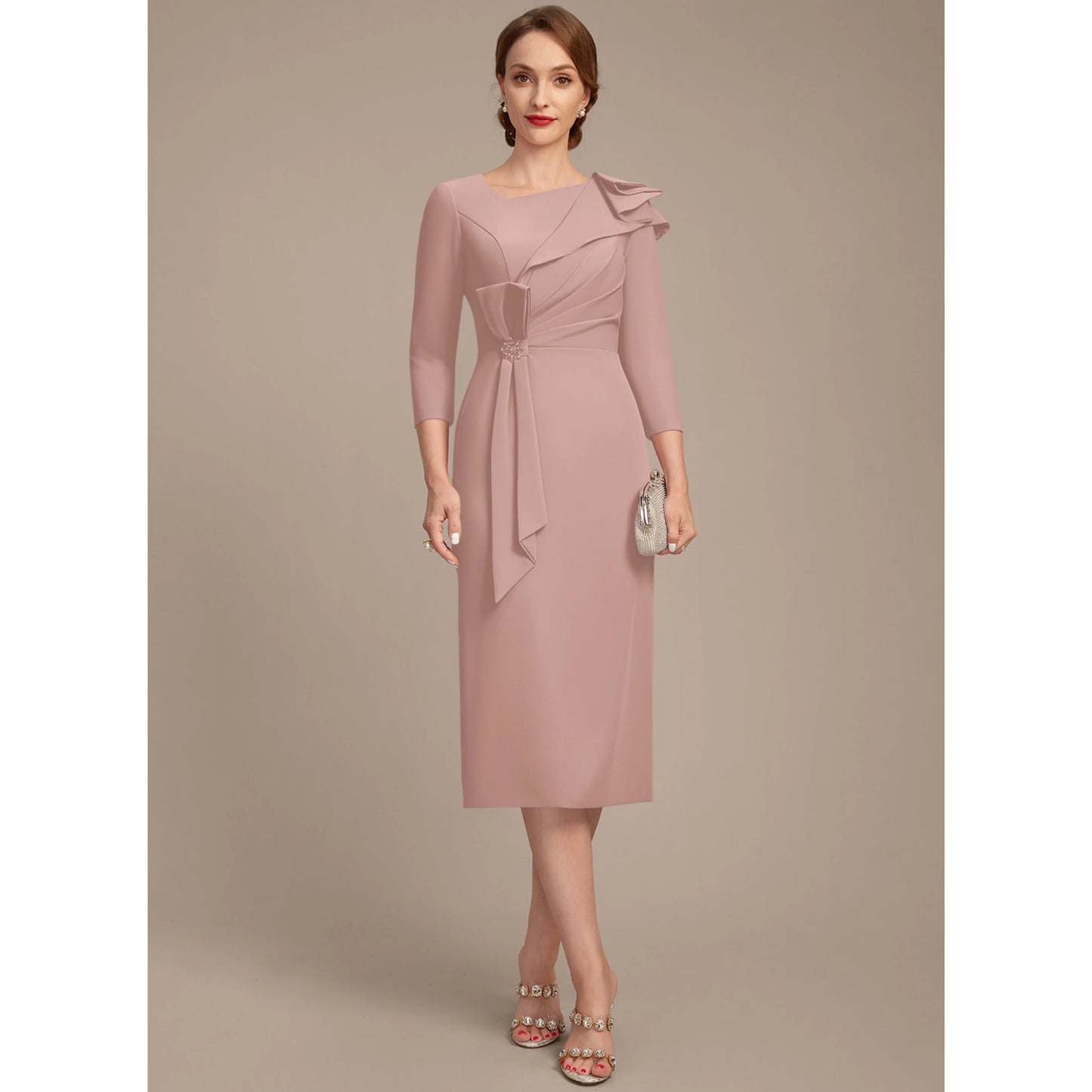Elegant Sheath Asymmetrical Ruffled Dusty Rose Knee-Length Mother of the Bride Dress